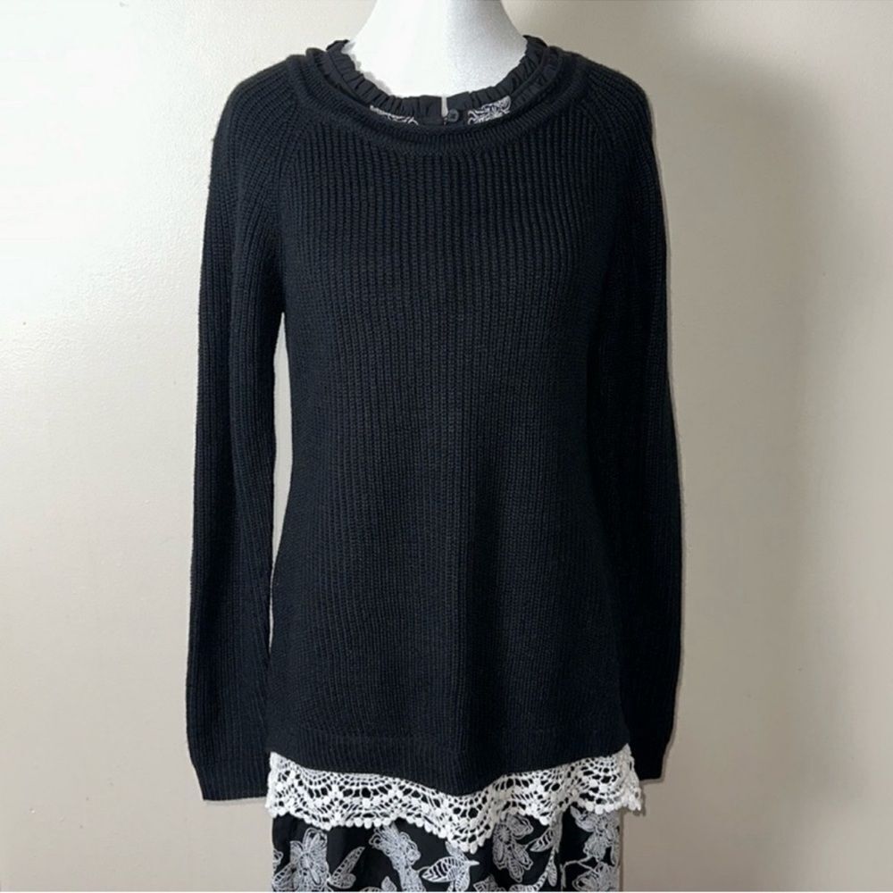 HIPPIE ROSE M Black White Crochet Lace Hem Knit Crewneck Pullover Sweater